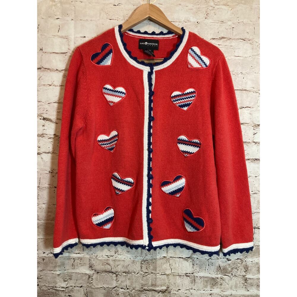 Vintage Sag Harbor Sweater Womens Large Red White Blue Heart Embroidered Cottage